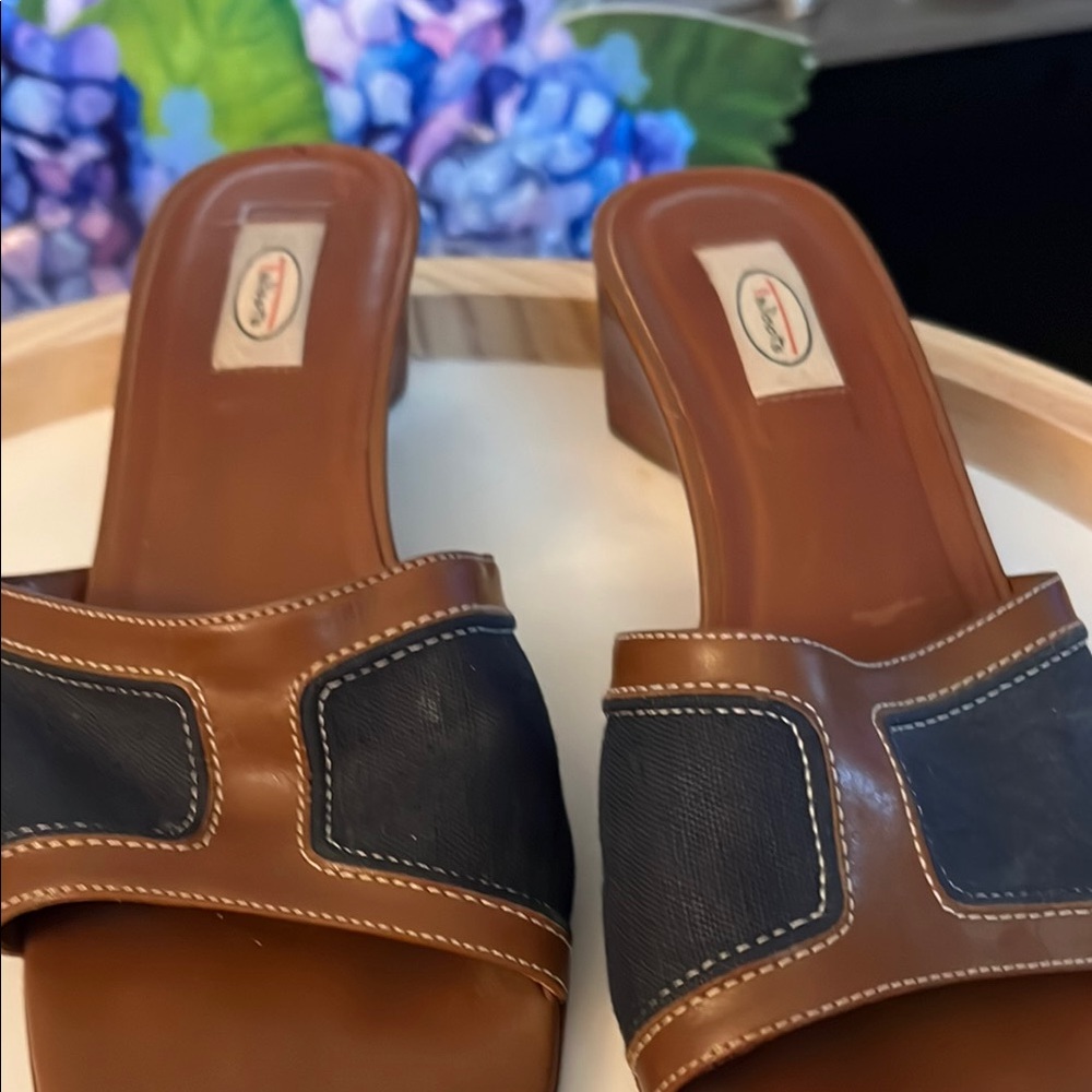 Talbot tan/brown and navy mules with Contrast Stitching
